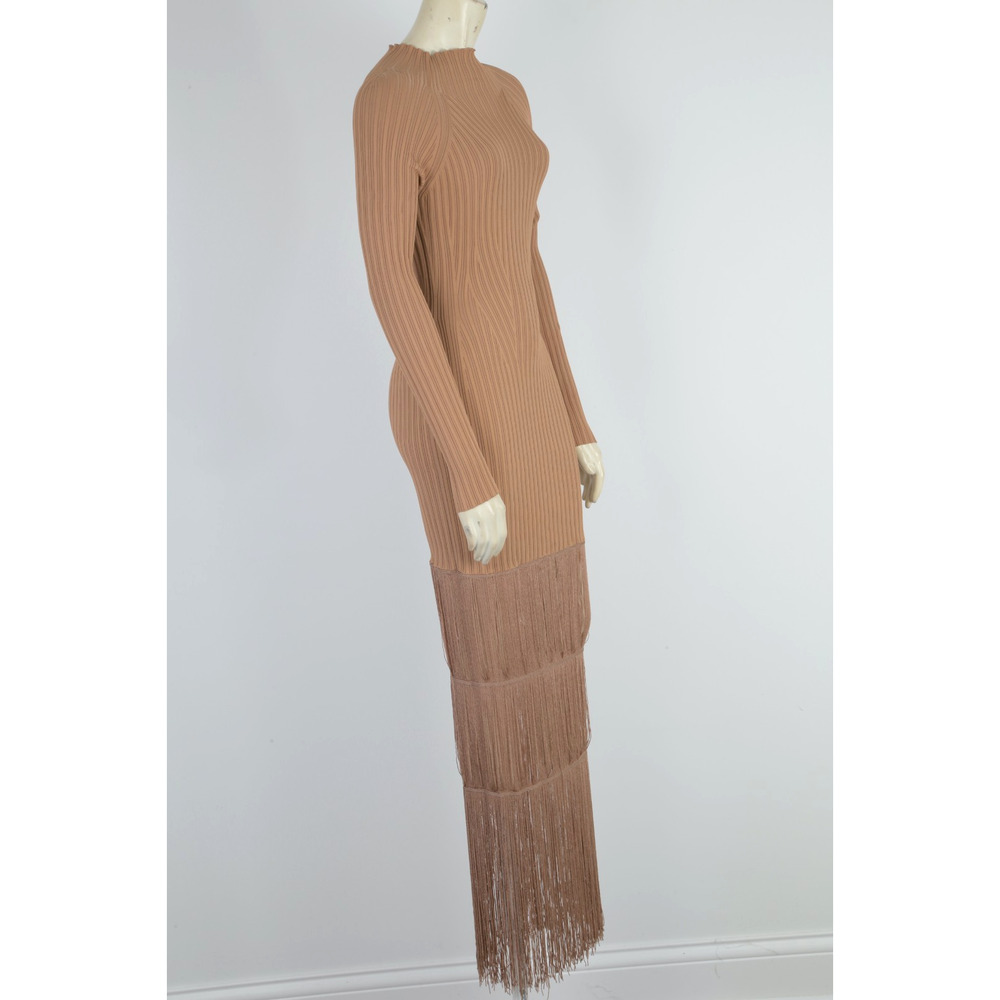 KHAITE The Cedar Fringed Ribbed Knit Long Sleeve Maxi Dress Camel Tan Size S - Picture 11 of 15